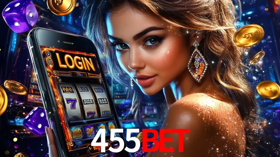 Mulher glamorosa segurando um smartphone com a tela de login para os jogos de caça-níqueis do cassino online 455bet, com moedas de ouro e dados ao redor.