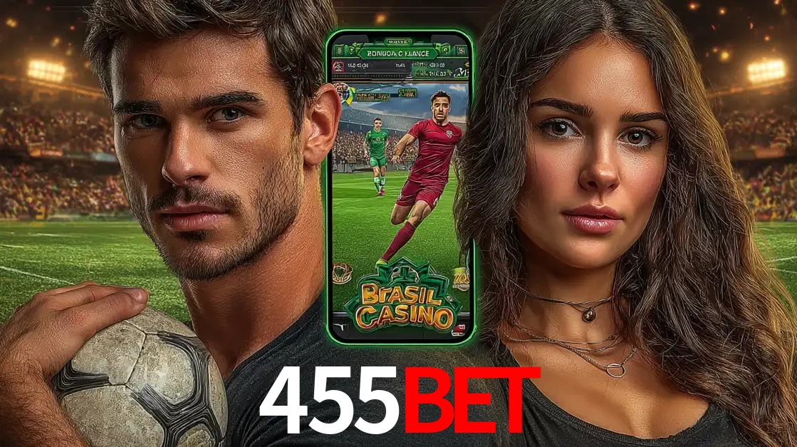 Homem segurando uma bola de futebol e uma mulher ao lado de um smartphone exibindo o jogo de apostas esportivas da 455bet. Faça seu palpite no cassino online.